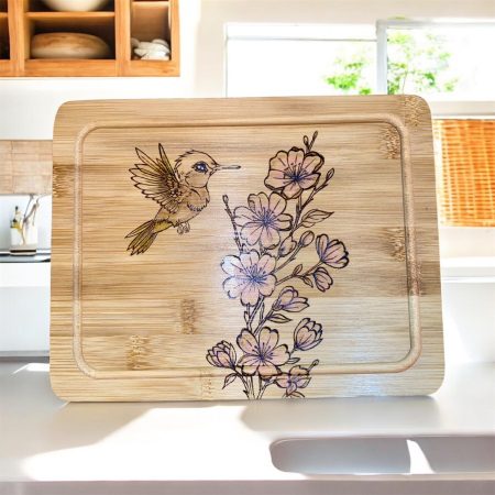 Hand Burned Hummingbird Serving Board with Acrylic Dome Cover | Bamboo Cheese Board | Cake Display | Handmade Gift