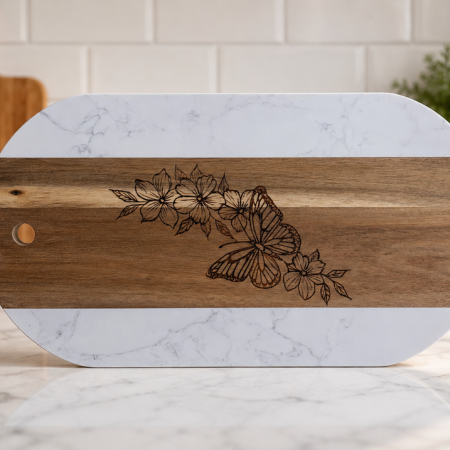 Hand Burned Butterfly & Floral Marble and Acacia Serving Board | Handmade Cheese Board | Charcuterie Board | Artisan Kitchen Gift