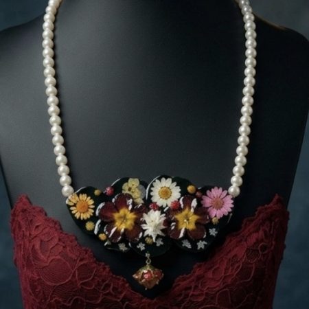 Handmade Botanical Statement Necklace with Real Pressed Flowers & Pearls