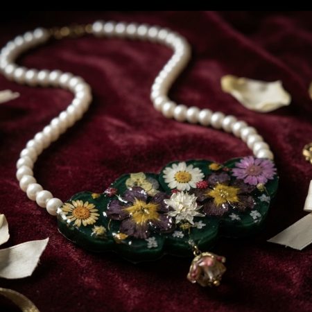 Handmade Botanical Statement Necklace with Real Pressed Flowers & Pearls