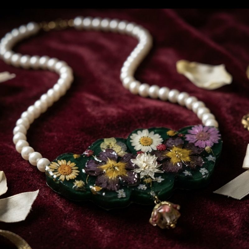 Handmade Botanical Statement Necklace with Real Pressed Flowers & Pearls
