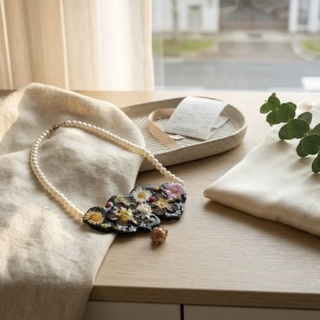 Handmade Botanical Statement Necklace with Real Pressed Flowers & Pearls