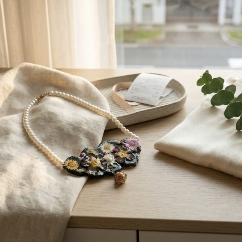 Handmade Botanical Statement Necklace with Real Pressed Flowers & Pearls