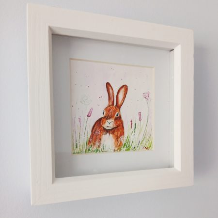 Original Framed Acrylic Painting of a Hare with Wild Flowers, 7x7"