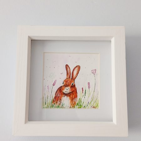 Original Framed Acrylic Painting of a Hare with Wild Flowers, 7x7"