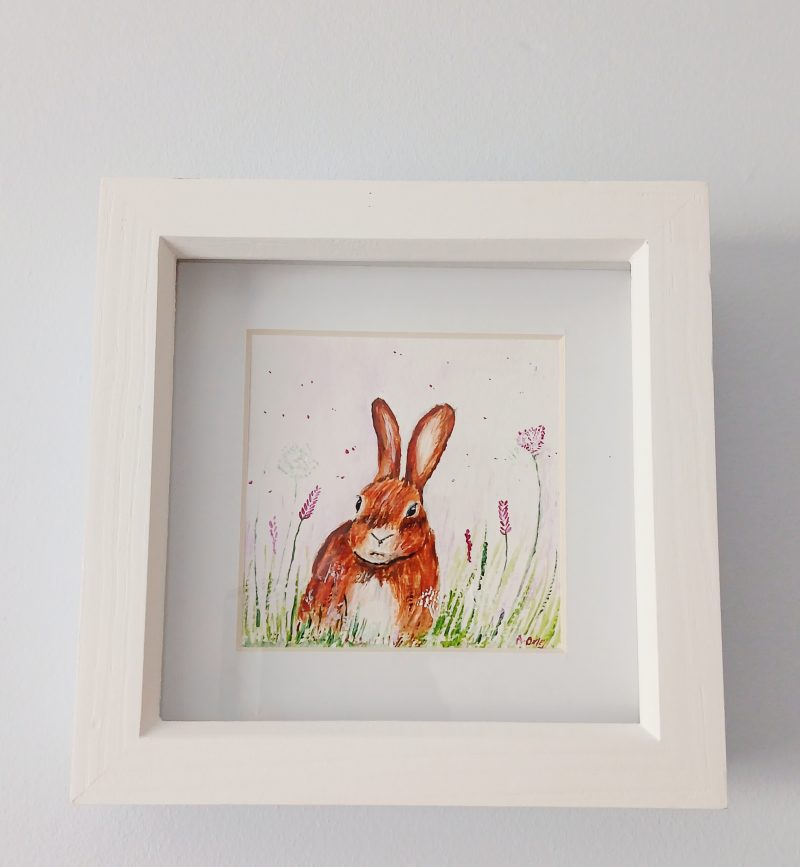 Original Framed Acrylic Painting of a Hare with Wild Flowers, 7x7"