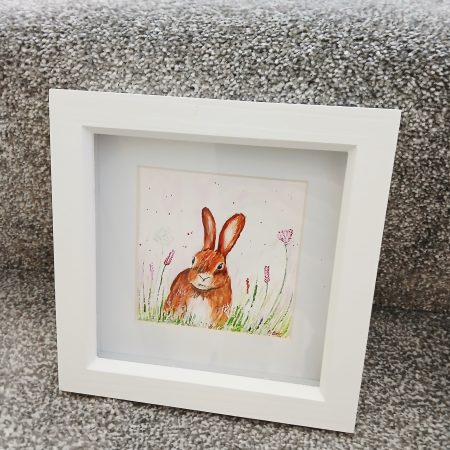 Original Framed Acrylic Painting of a Hare with Wild Flowers, 7x7"