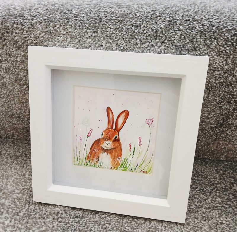 Original Framed Acrylic Painting of a Hare with Wild Flowers, 7x7"