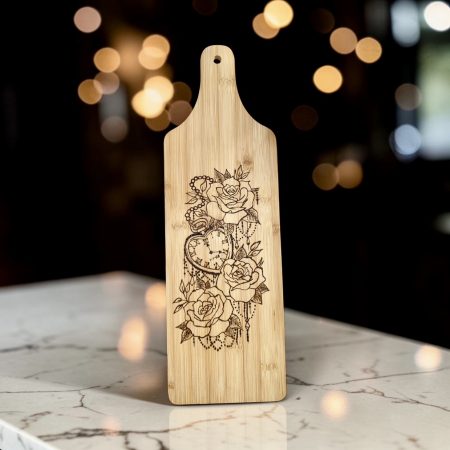 Hand Burned Floral Heart Bamboo Paddle Serving Board | Handmade Cheese Board | Wedding, Anniversary & Housewarming Gift