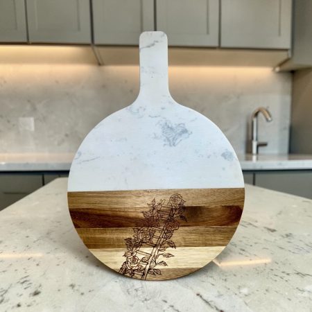 Hand Burned Marble & Acacia Round Paddle Serving Board | Floral Charcuterie Board | Handmade Pyrography Gift