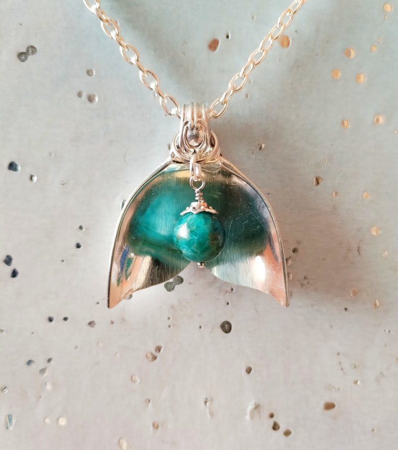Mermaid Tail Spoon Pendant Silver Plated Nautical Gift with Apatite Bead