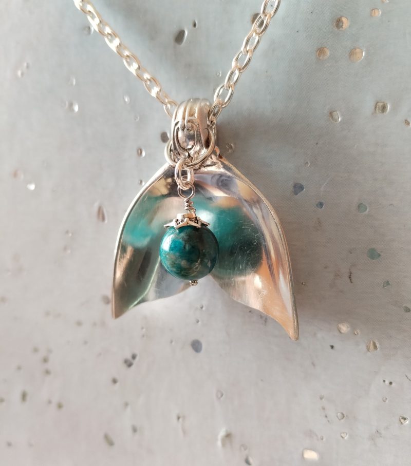 Mermaid Tail Spoon Pendant Silver Plated Nautical Gift with Apatite Bead