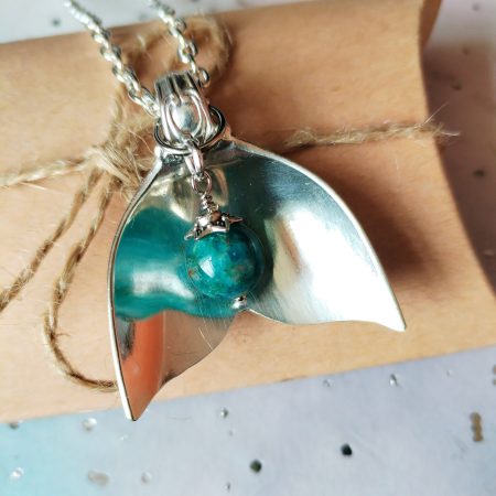 Mermaid Tail Spoon Pendant Silver Plated Nautical Gift with Apatite Bead