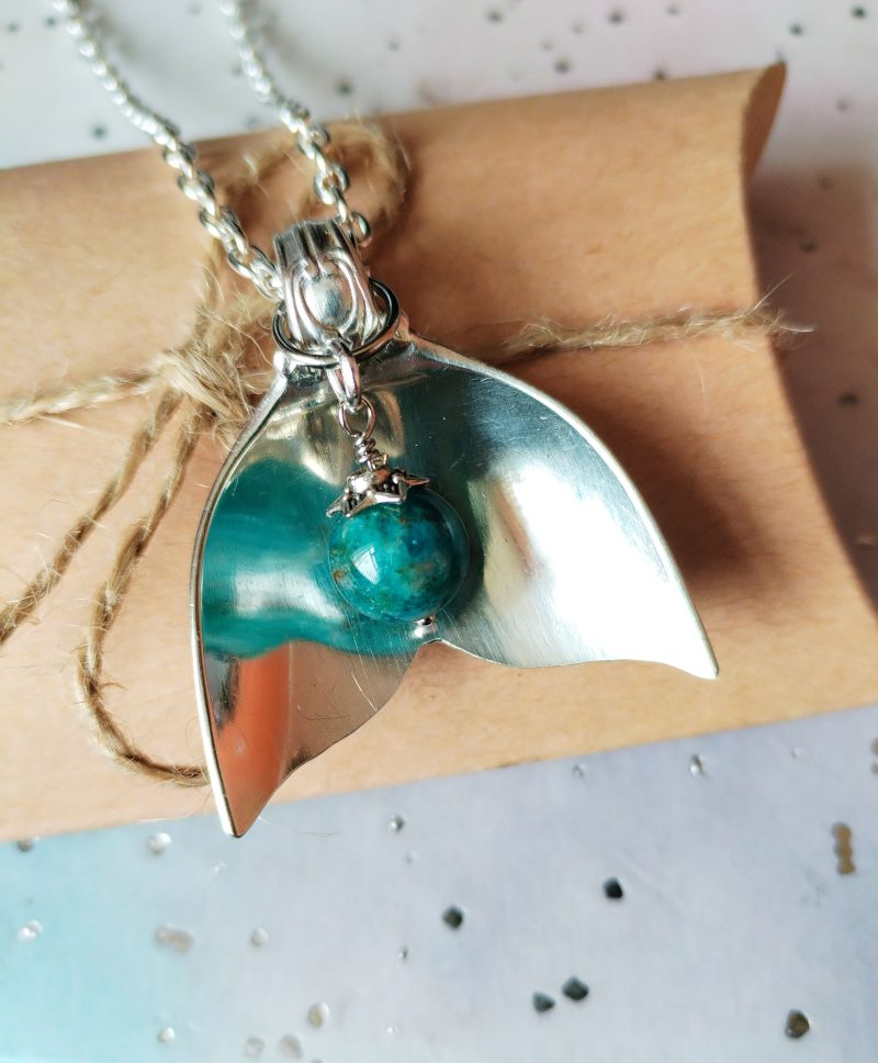 Mermaid Tail Spoon Pendant Silver Plated Nautical Gift with Apatite Bead
