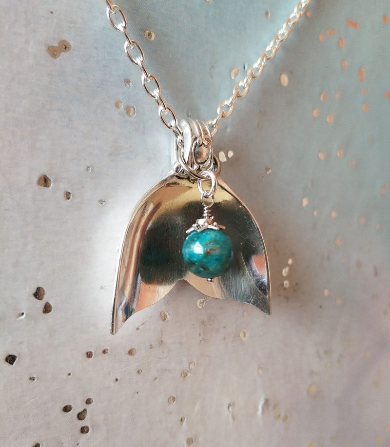 Mermaid Tail Spoon Pendant Silver Plated Nautical Gift with Apatite Bead