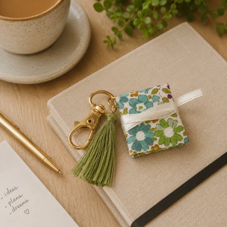 Handmade Miniature Book Keyring - Green/Blue Floral