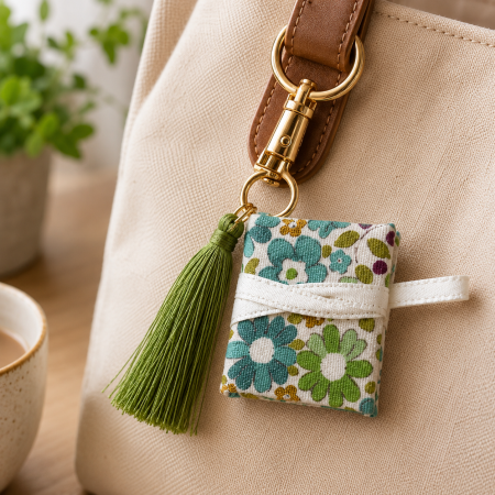 Handmade Miniature Book Keyring - Green/Blue Floral