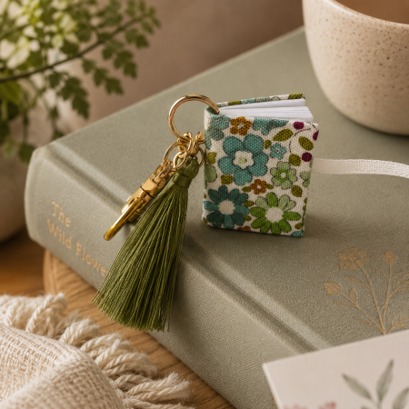 Handmade Miniature Book Keyring - Green/Blue Floral