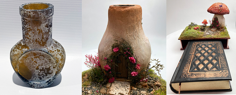 Toadstool Cottage Antique Jar Bookshelf Decor Booknook with Hidden Leather Notebook
