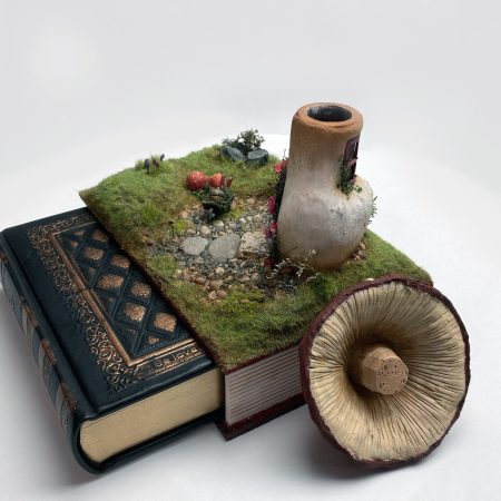 Toadstool Cottage Antique Jar Bookshelf Decor Booknook with Hidden Leather Notebook