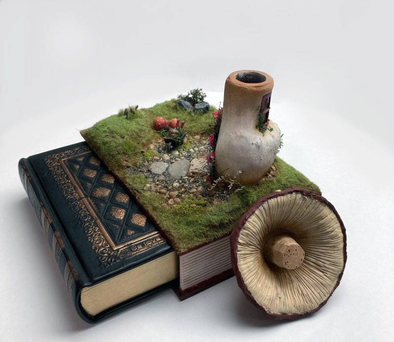 Toadstool Cottage Antique Jar Bookshelf Decor Booknook with Hidden Leather Notebook