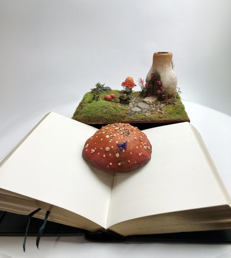 Toadstool Cottage Antique Jar Bookshelf Decor Booknook with Hidden Leather Notebook