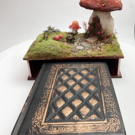 Toadstool Cottage Antique Jar Bookshelf Decor Booknook with Hidden Leather Notebook