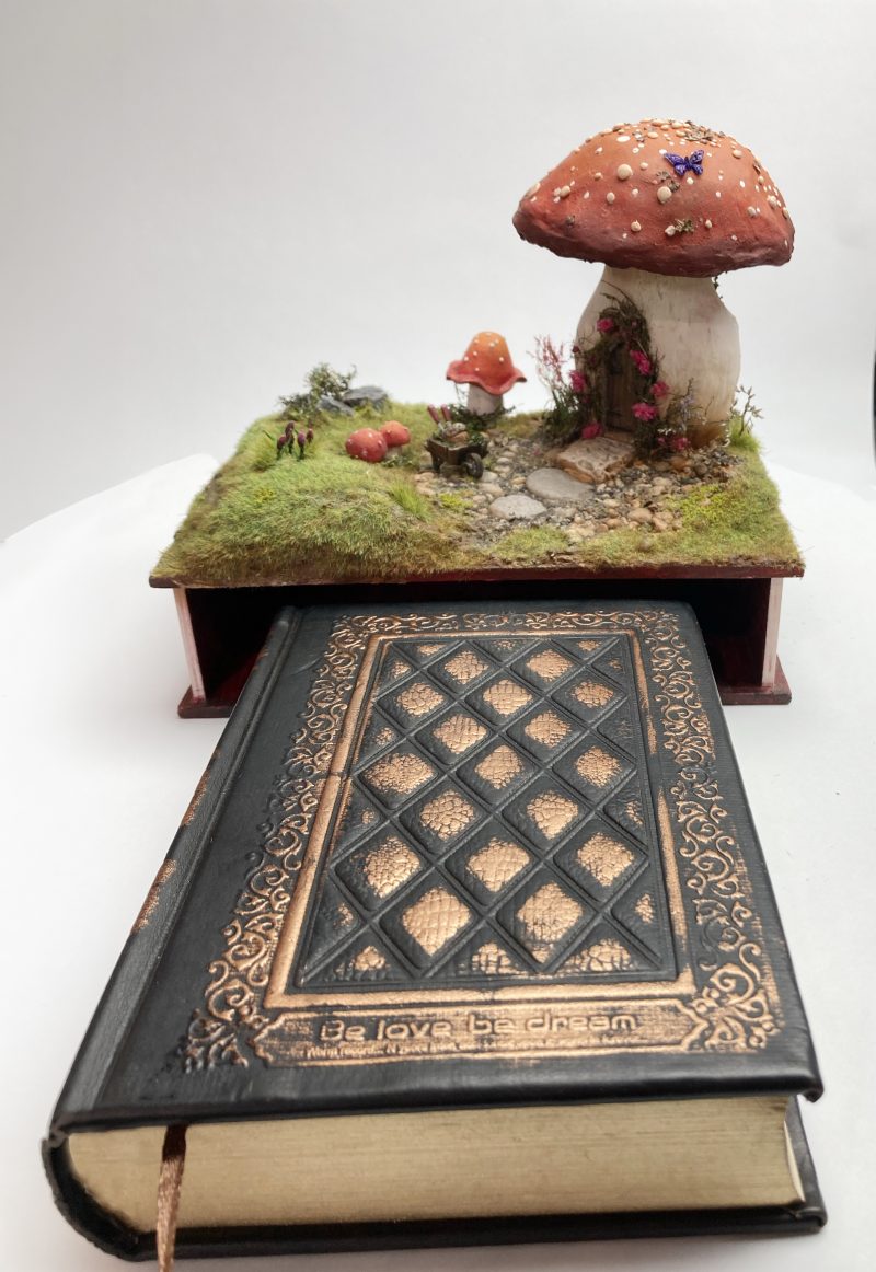 Toadstool Cottage Antique Jar Bookshelf Decor Booknook with Hidden Leather Notebook
