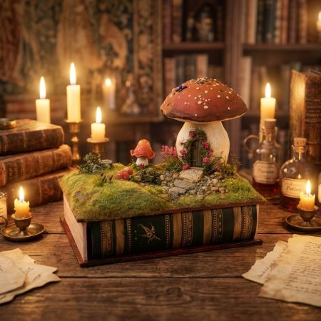 Toadstool Cottage Antique Jar Bookshelf Decor Booknook with Hidden Leather Notebook