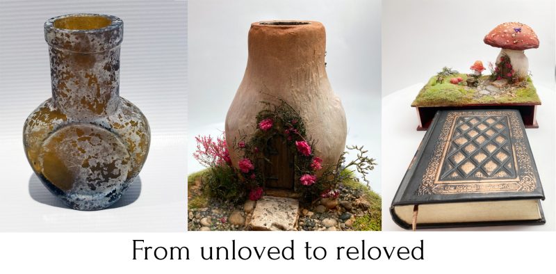Toadstool Cottage Antique Jar Bookshelf Decor Booknook with Hidden Leather Notebook