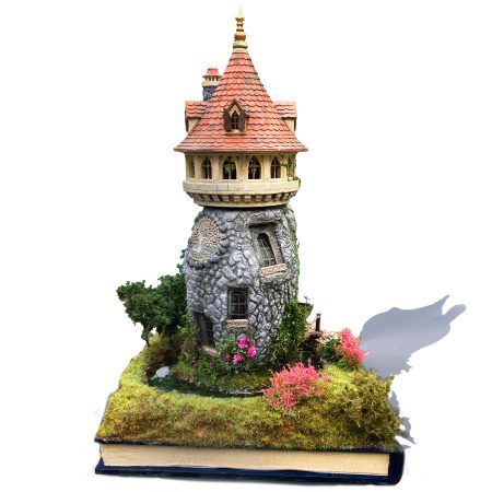 The Enchanted Tower Book Nook/Handmade Fantasy Fairy House with Rechargeable LED Lights