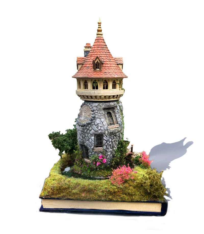 The Enchanted Tower Book Nook/Handmade Fantasy Fairy House with Rechargeable LED Lights