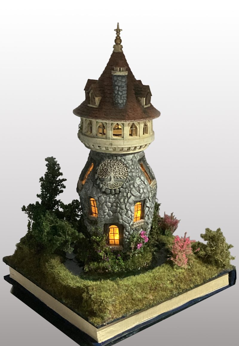 The Enchanted Tower Book Nook/Handmade Fantasy Fairy House with Rechargeable LED Lights