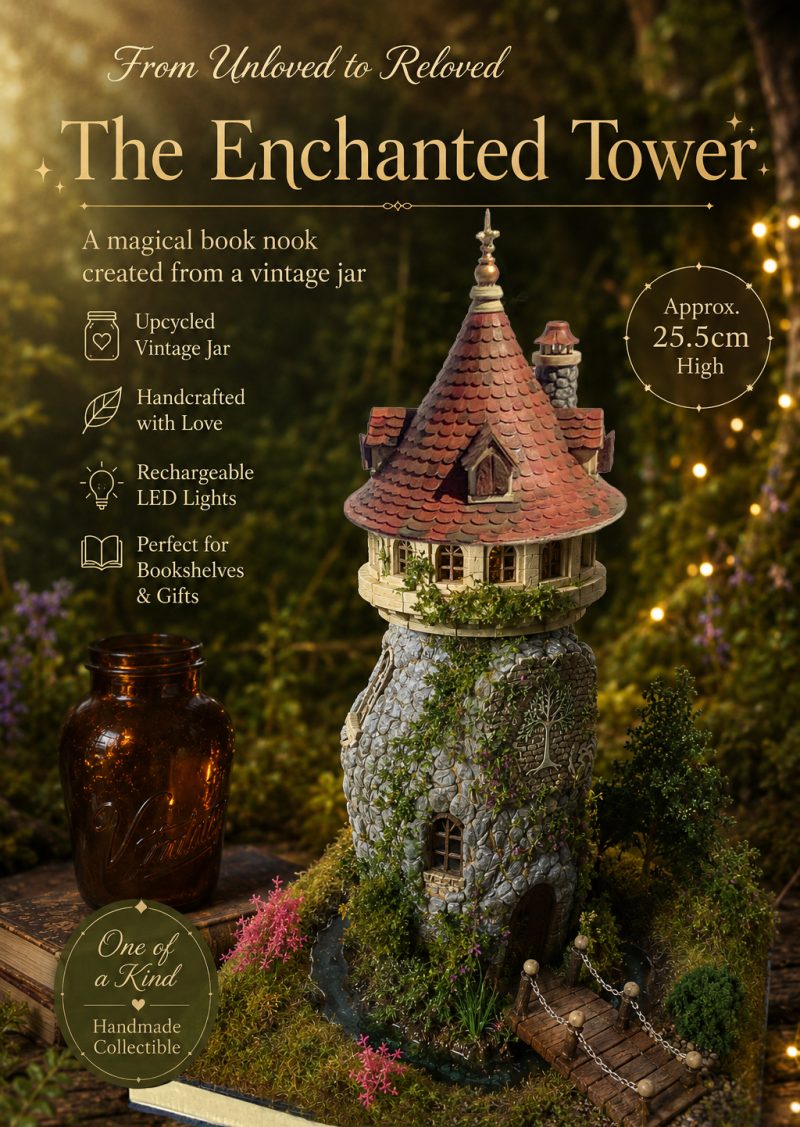 The Enchanted Tower Book Nook/Handmade Fantasy Fairy House with Rechargeable LED Lights