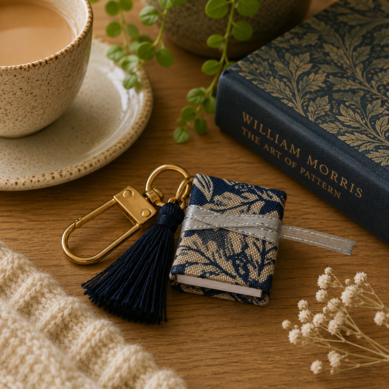 Handmade Miniature Notebook Keyring - William Morris "Oak" Fabric