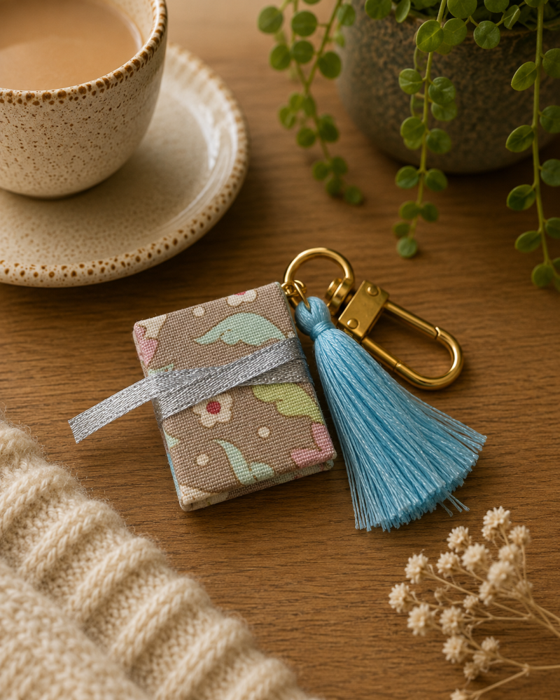 Handmade Miniature Book Keyring in Tilda Fabric