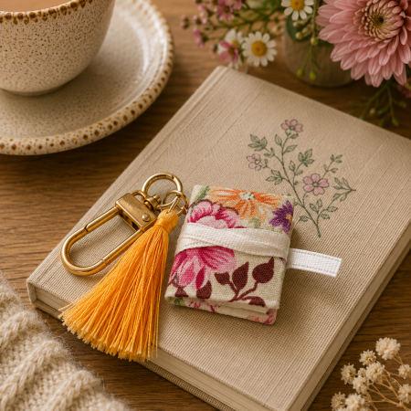 Handmade Mini Book Keyring – Floral Fabric with Mustard Tassel