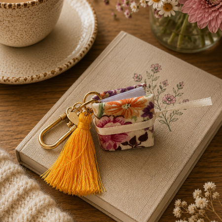 Handmade Mini Book Keyring – Floral Fabric with Mustard Tassel
