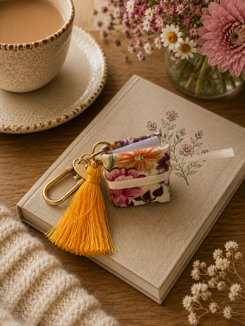 Handmade Mini Book Keyring – Floral Fabric with Mustard Tassel