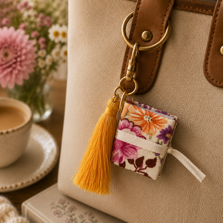 Handmade Mini Book Keyring – Floral Fabric with Mustard Tassel