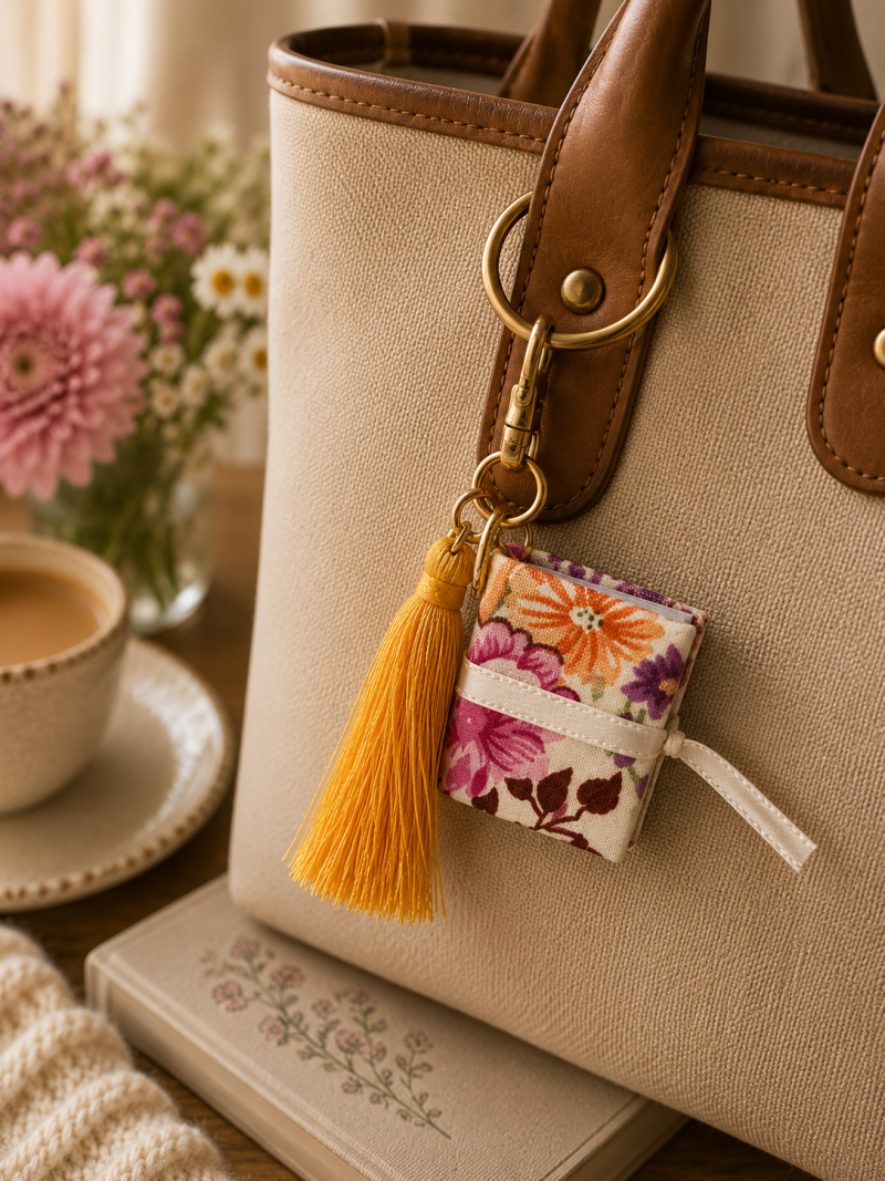 Handmade Mini Book Keyring – Floral Fabric with Mustard Tassel