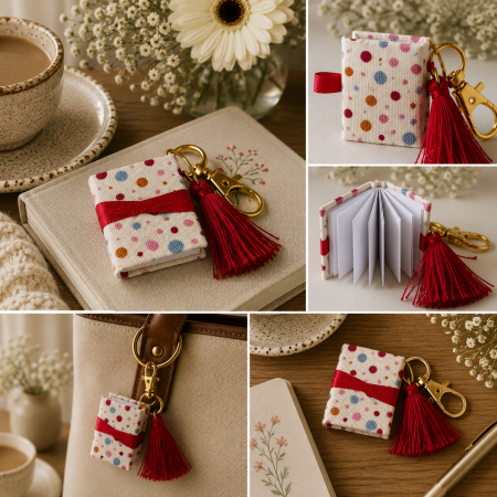 Handmade Miniature Book Keyring – Colourful Polka Dot Fabric