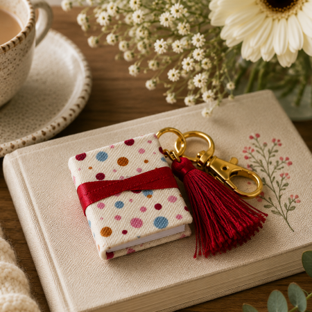 Handmade Miniature Book Keyring – Colourful Polka Dot Fabric