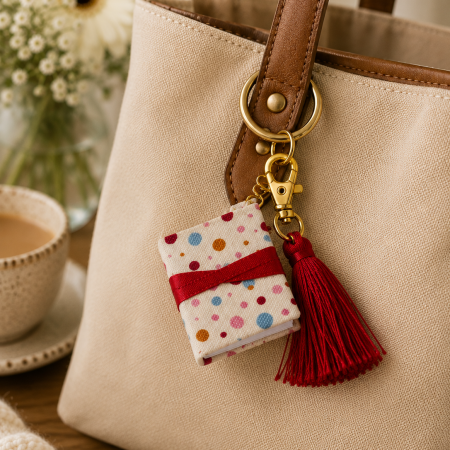 Handmade Miniature Book Keyring – Colourful Polka Dot Fabric