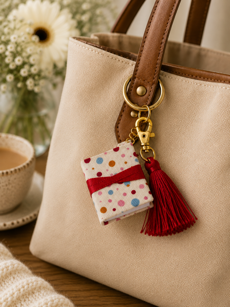 Handmade Miniature Book Keyring – Colourful Polka Dot Fabric