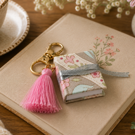Miniature Book Keyring – Handmade Floral Fabric with Pink Tassel