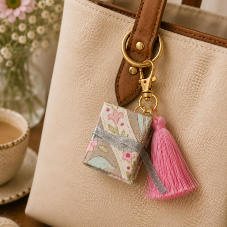 Miniature Book Keyring – Handmade Floral Fabric with Pink Tassel