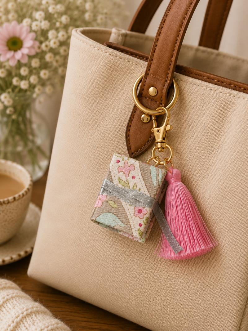 Miniature Book Keyring – Handmade Floral Fabric with Pink Tassel