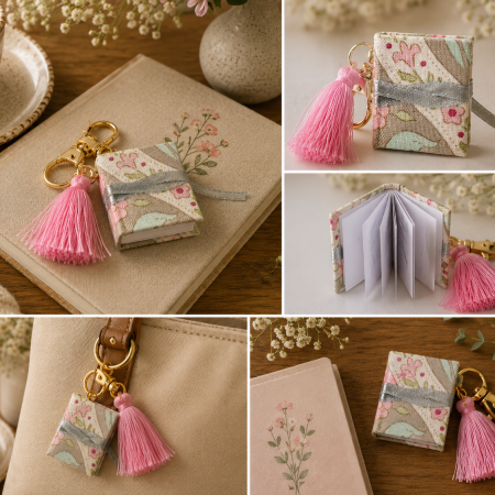 Miniature Book Keyring – Handmade Floral Fabric with Pink Tassel