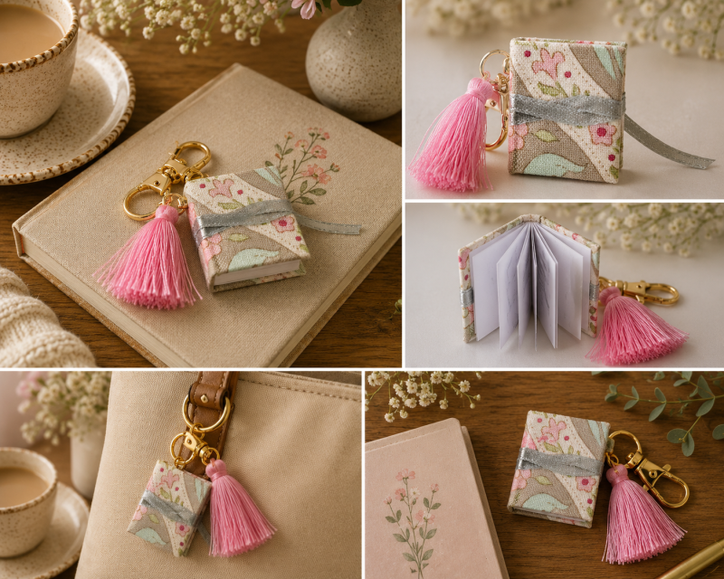 Miniature Book Keyring – Handmade Floral Fabric with Pink Tassel